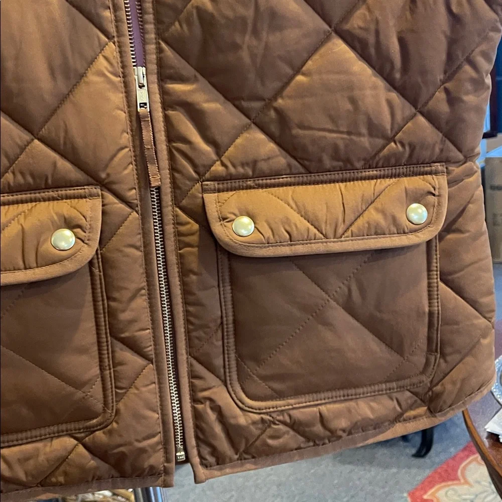 J.Crew Brown Quilted Vest Pink Lining Zip Pockets Size Small